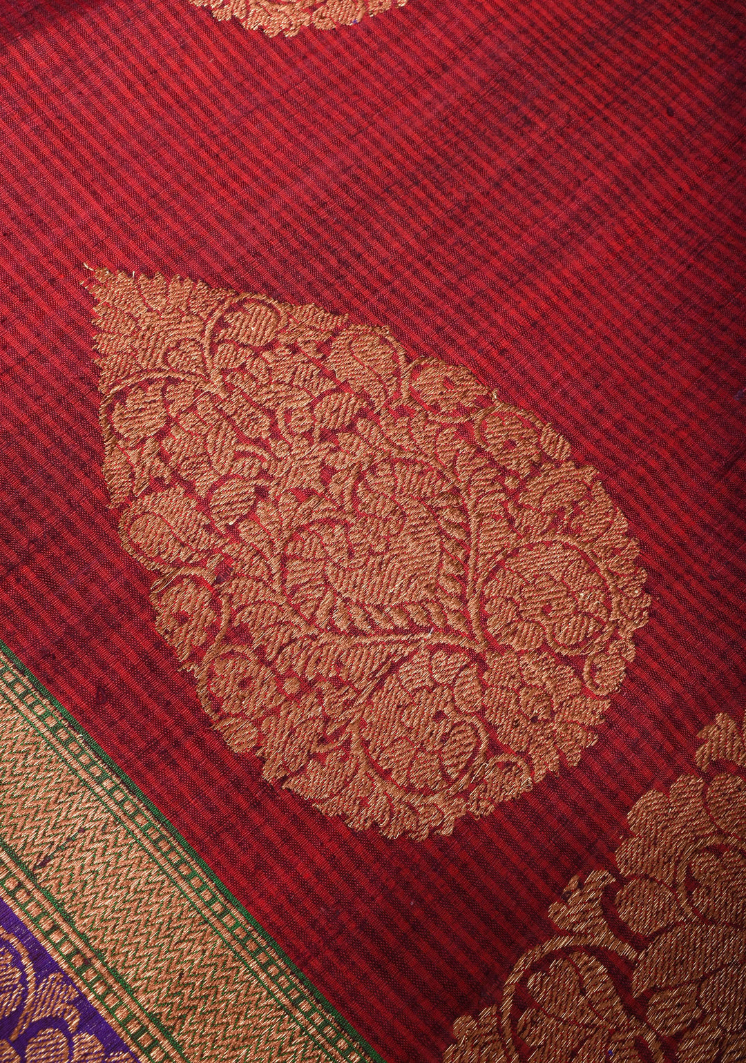 Dupion Banarasi Silk Saree in Maroon with Damask Motifs and Two Tone Border | SILK MARK CERTIFIED