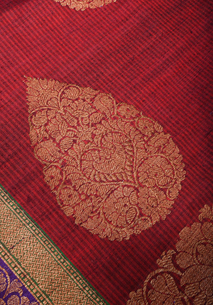 Dupion Banarasi Silk Saree in Maroon with Damask Motifs and Two Tone Border | SILK MARK CERTIFIED