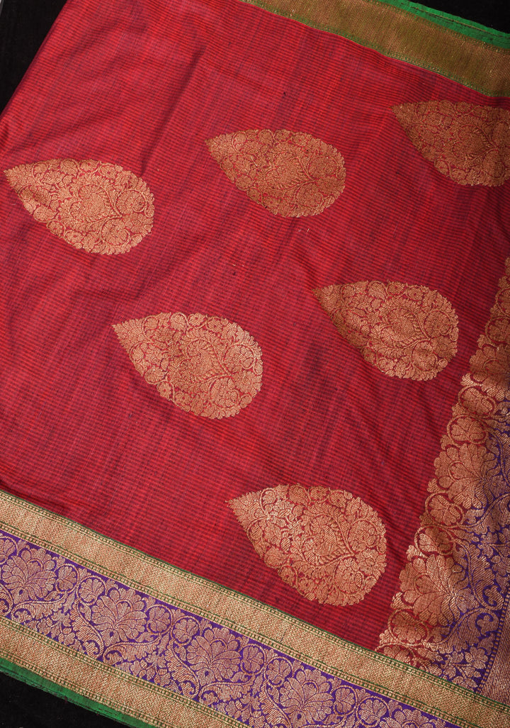 Dupion Banarasi Silk Saree in Maroon with Damask Motifs and Two Tone Border | SILK MARK CERTIFIED