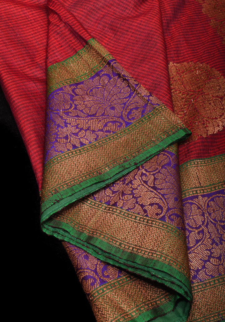 Dupion Banarasi Silk Saree in Maroon with Damask Motifs and Two Tone Border | SILK MARK CERTIFIED