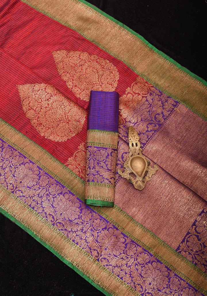 Dupion Banarasi Silk Saree in Maroon with Damask Motifs and Two Tone Border | SILK MARK CERTIFIED