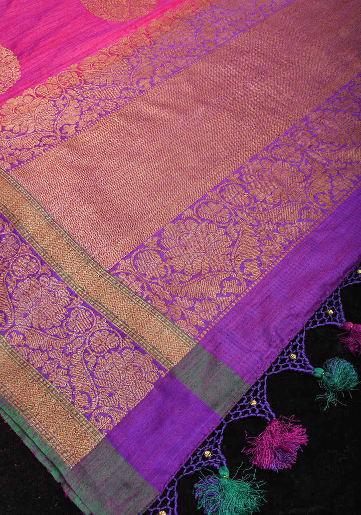 Stunning Pink Dual tone Dupion Banarasi Silk Saree with large Antique zari motifs and Two Tone Border  | SILK MARK CERTIFIED