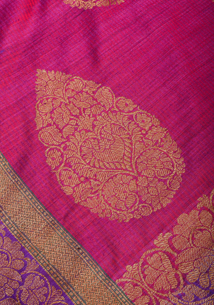 Stunning Pink Dual tone Dupion Banarasi Silk Saree with large Antique zari motifs and Two Tone Border  | SILK MARK CERTIFIED