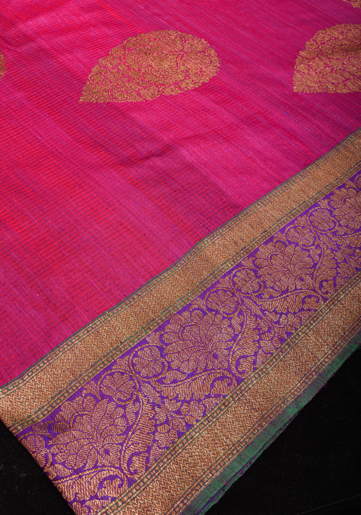 Stunning Pink Dual tone Dupion Banarasi Silk Saree with large Antique zari motifs and Two Tone Border  | SILK MARK CERTIFIED
