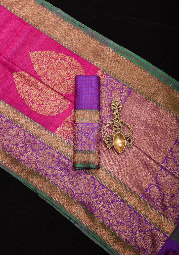 Stunning Pink Dual tone Dupion Banarasi Silk Saree with large Antique zari motifs and Two Tone Border  | SILK MARK CERTIFIED