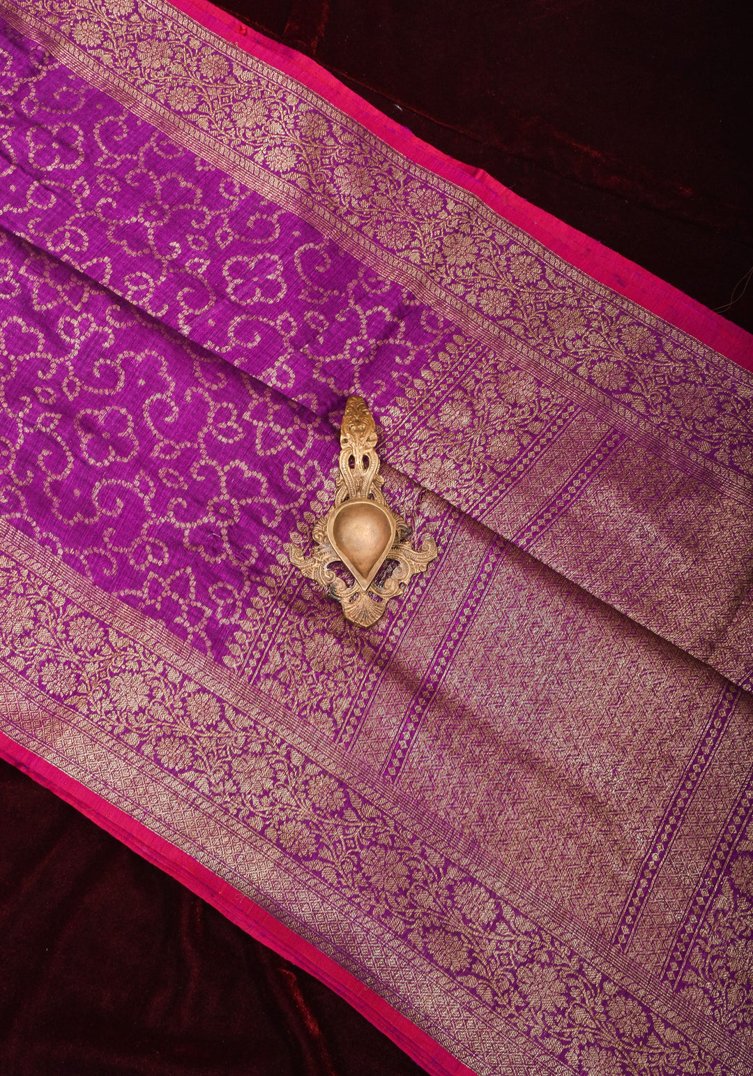 Banarasi Dupion Silk Saree with Unique Dotted Trellis Pattern in Antique zari on purple | SILK MARK CERTIFIED
