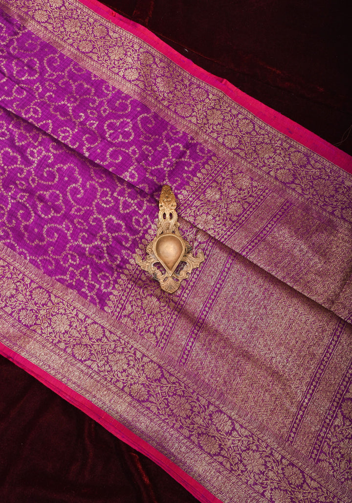 Banarasi Dupion Silk Saree with Unique Dotted Trellis Pattern in Antique zari on purple | SILK MARK CERTIFIED