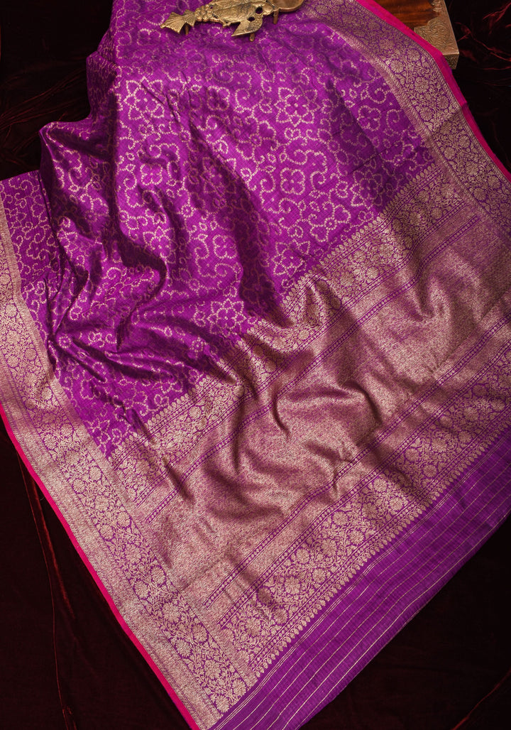Banarasi Dupion Silk Saree with Unique Dotted Trellis Pattern in Antique zari on purple | SILK MARK CERTIFIED