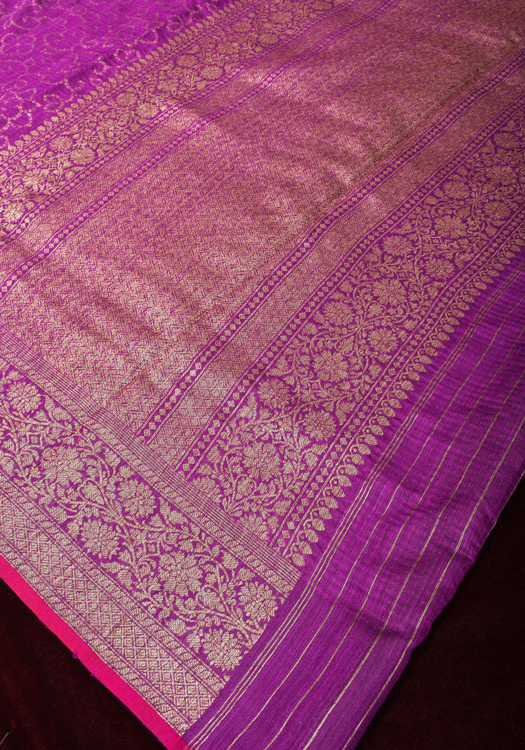 Banarasi Dupion Silk Saree with Unique Dotted Trellis Pattern in Antique zari on purple | SILK MARK CERTIFIED