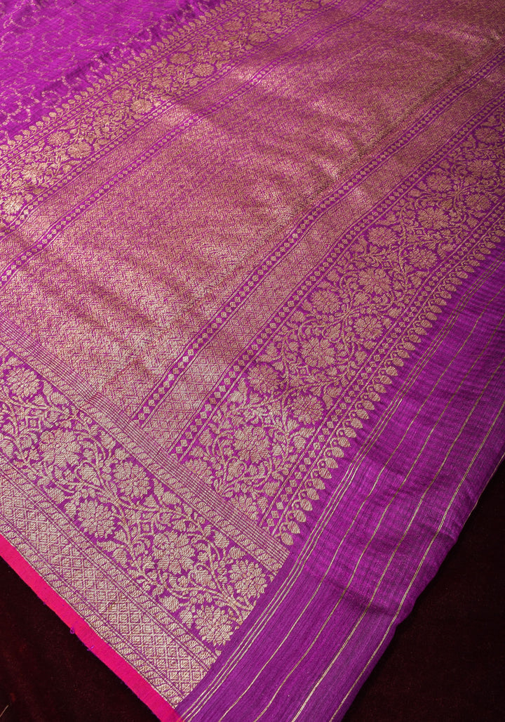 Banarasi Dupion Silk Saree with Unique Dotted Trellis Pattern in Antique zari on purple | SILK MARK CERTIFIED