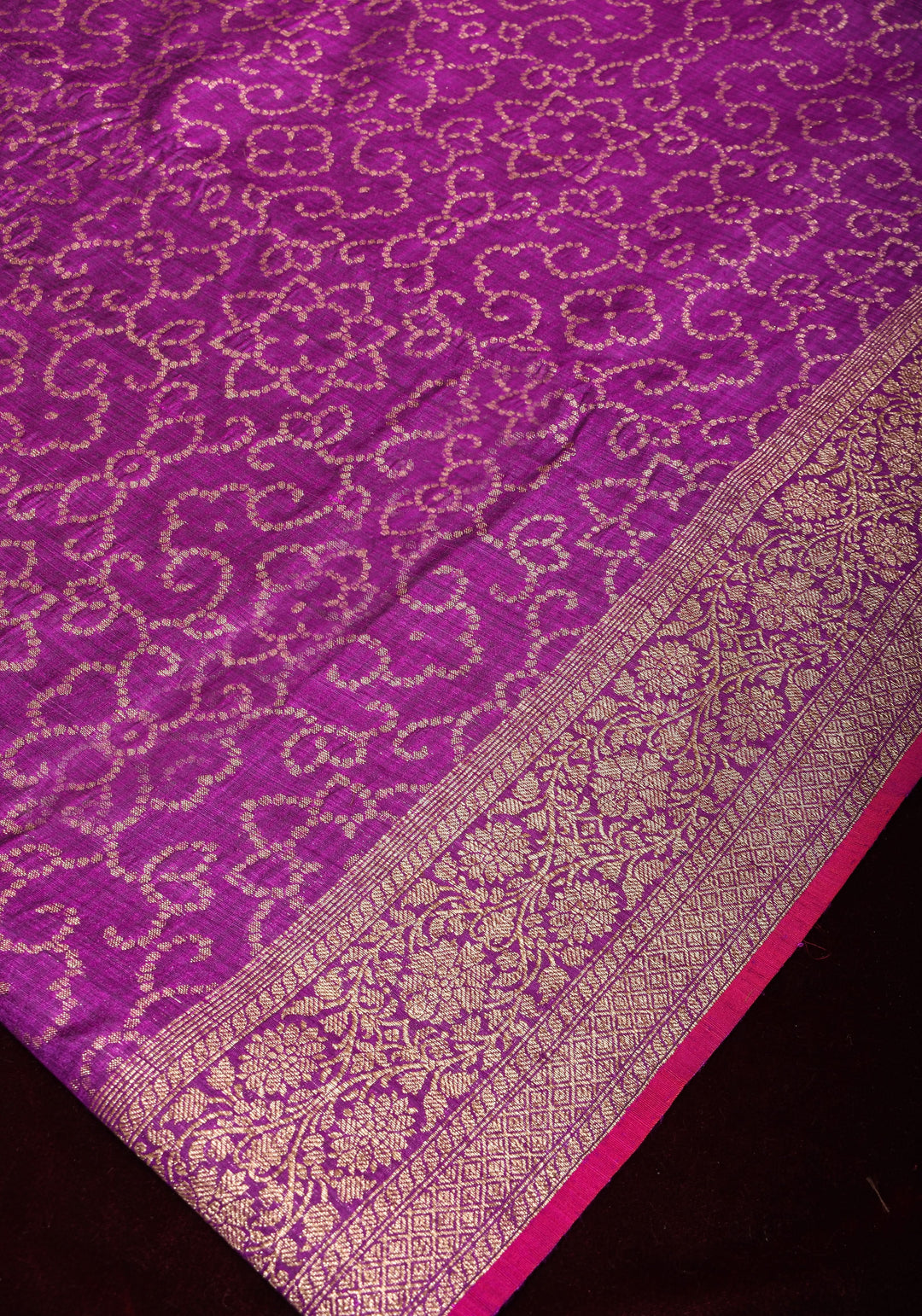Banarasi Dupion Silk Saree with Unique Dotted Trellis Pattern in Antique zari on purple | SILK MARK CERTIFIED
