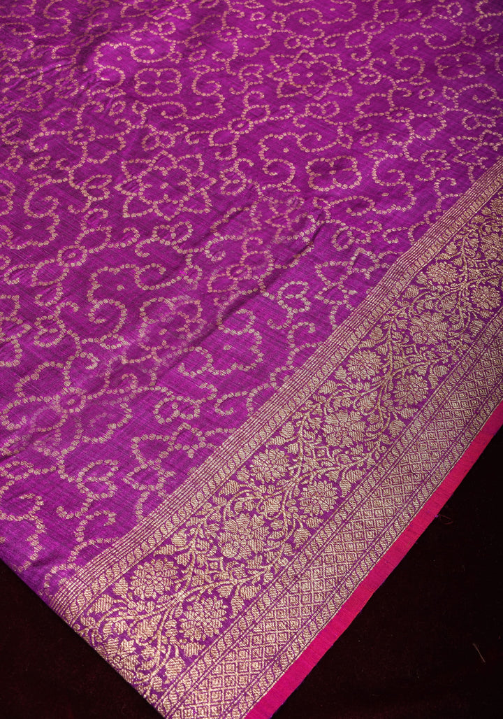 Banarasi Dupion Silk Saree with Unique Dotted Trellis Pattern in Antique zari on purple | SILK MARK CERTIFIED