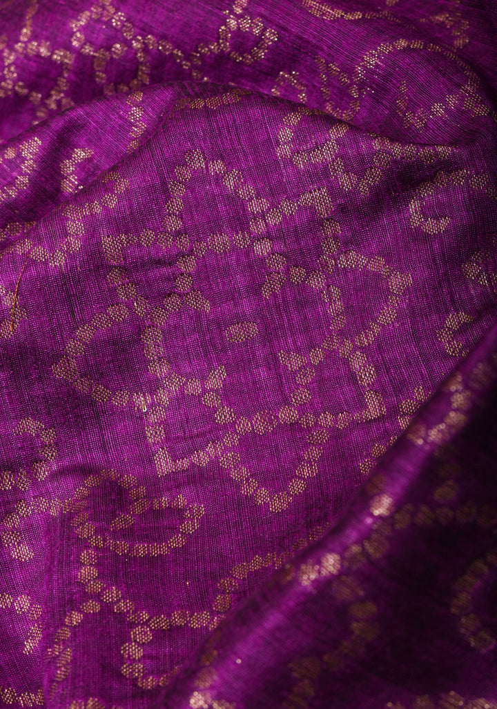 Banarasi Dupion Silk Saree with Unique Dotted Trellis Pattern in Antique zari on purple | SILK MARK CERTIFIED