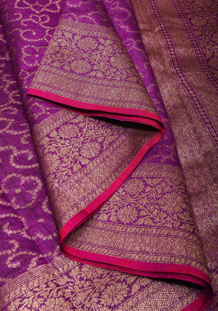 Banarasi Dupion Silk Saree with Unique Dotted Trellis Pattern in Antique zari on purple | SILK MARK CERTIFIED