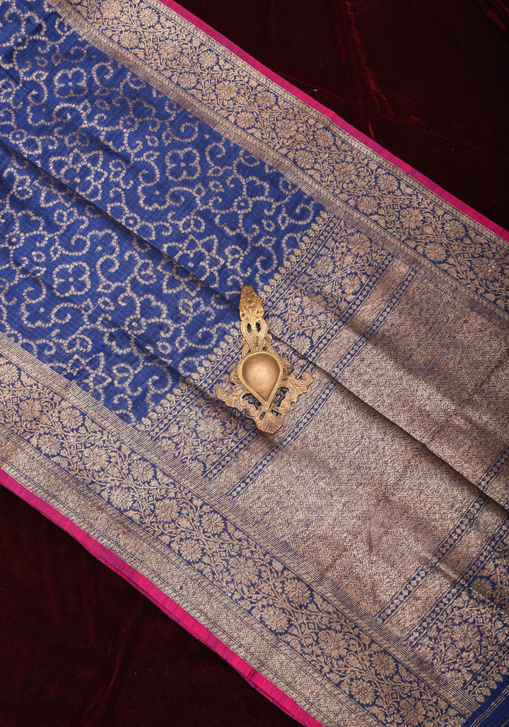 Authentic Banarasi Trellis pattern Pure Dupion Silk saree in Midnight Blue | SILK MARK CERTIFIED