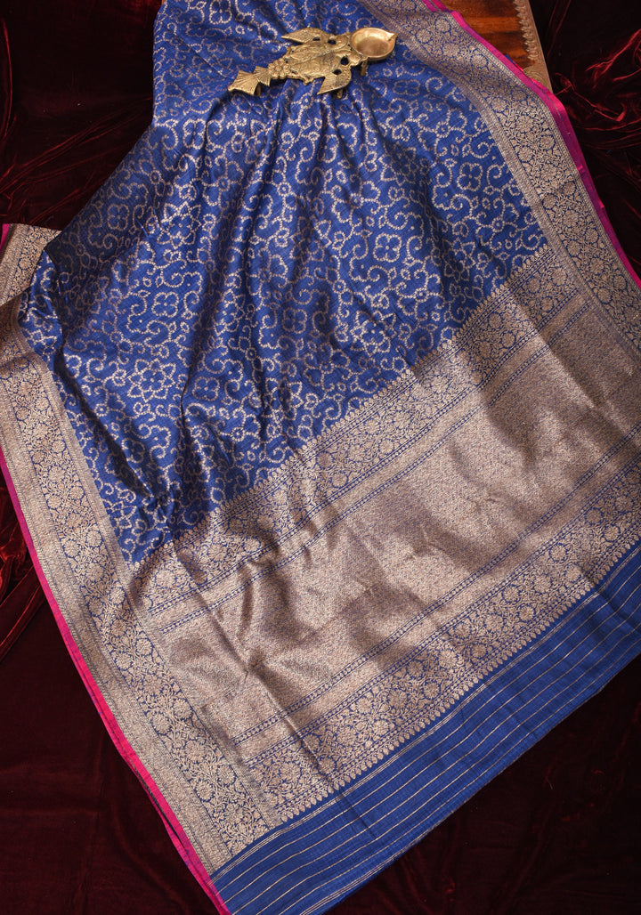 Authentic Banarasi Trellis pattern Pure Dupion Silk saree in Midnight Blue | SILK MARK CERTIFIED