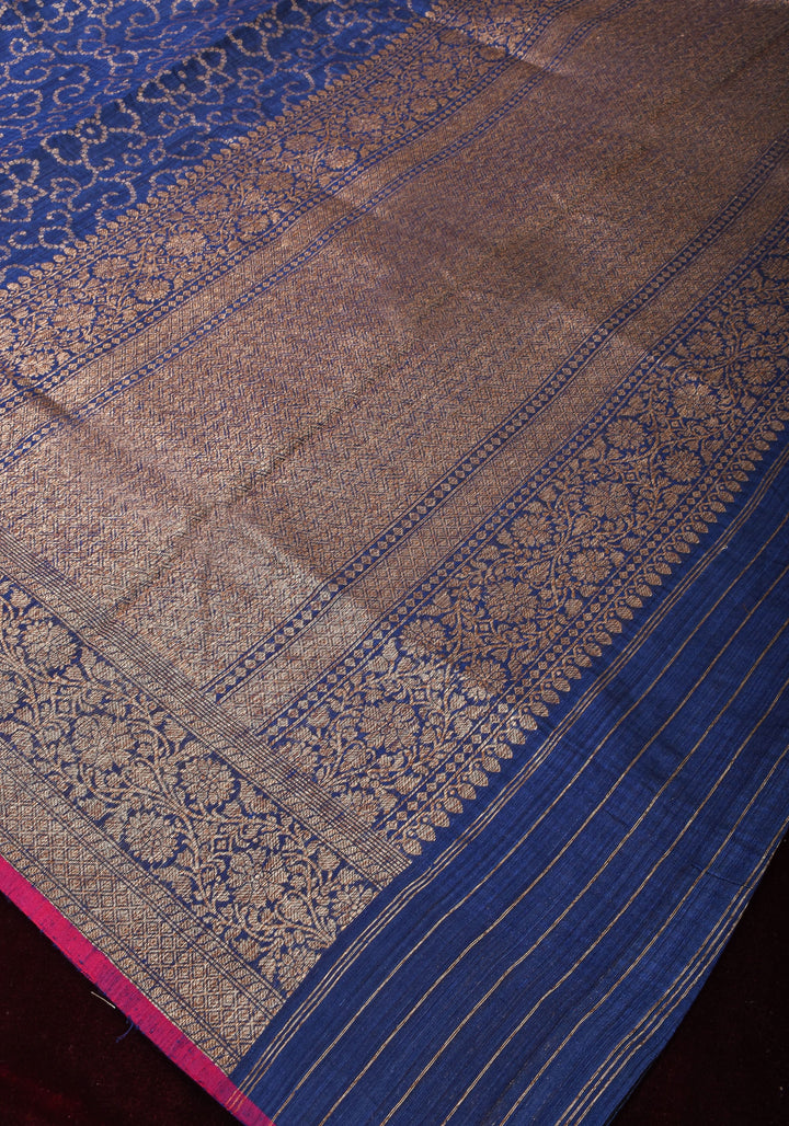 Authentic Banarasi Trellis pattern Pure Dupion Silk saree in Midnight Blue | SILK MARK CERTIFIED
