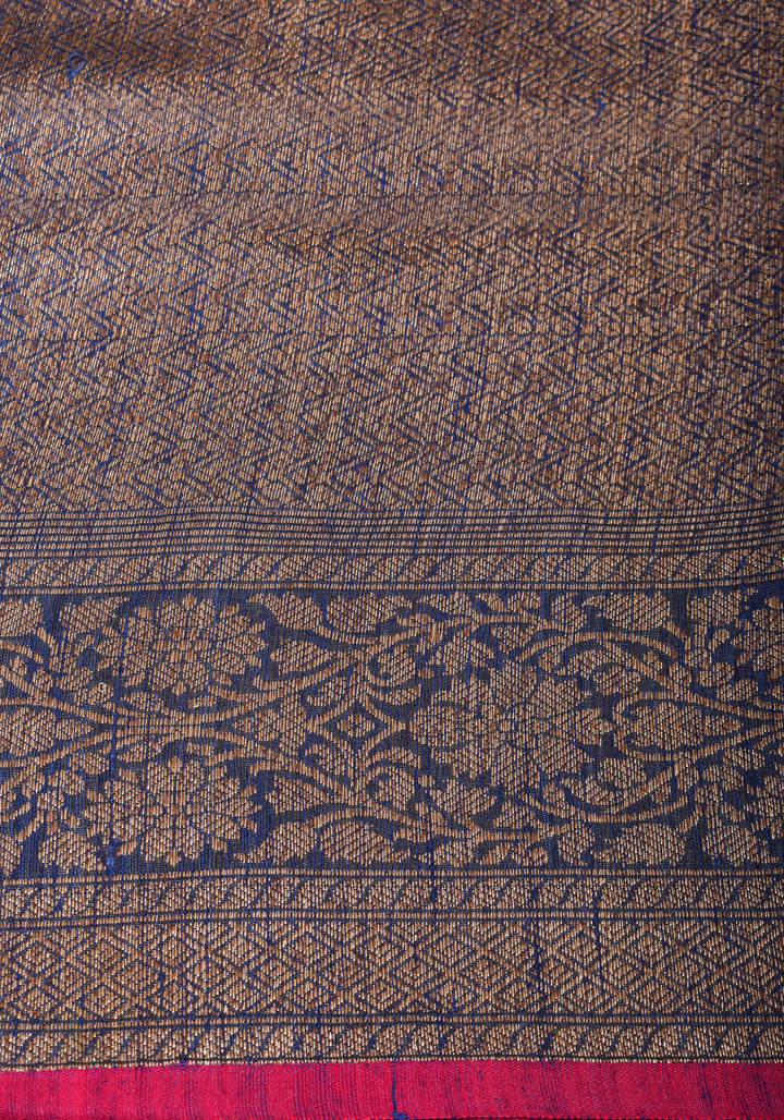 Authentic Banarasi Trellis pattern Pure Dupion Silk saree in Midnight Blue | SILK MARK CERTIFIED