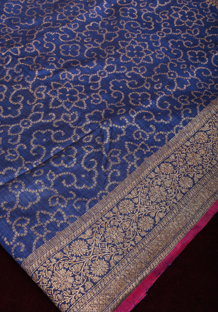 Authentic Banarasi Trellis pattern Pure Dupion Silk saree in Midnight Blue | SILK MARK CERTIFIED