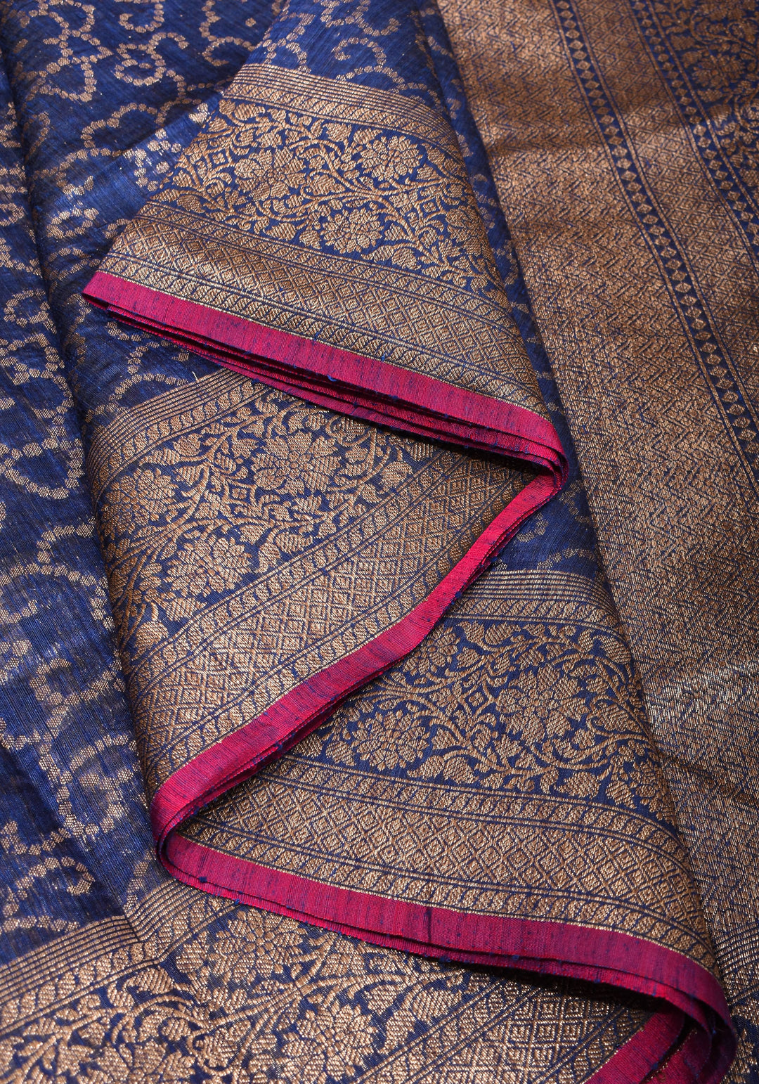 Authentic Banarasi Trellis pattern Pure Dupion Silk saree in Midnight Blue | SILK MARK CERTIFIED