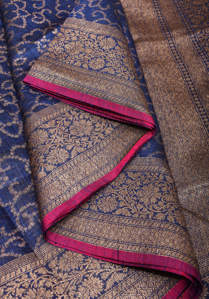 Authentic Banarasi Trellis pattern Pure Dupion Silk saree in Midnight Blue | SILK MARK CERTIFIED