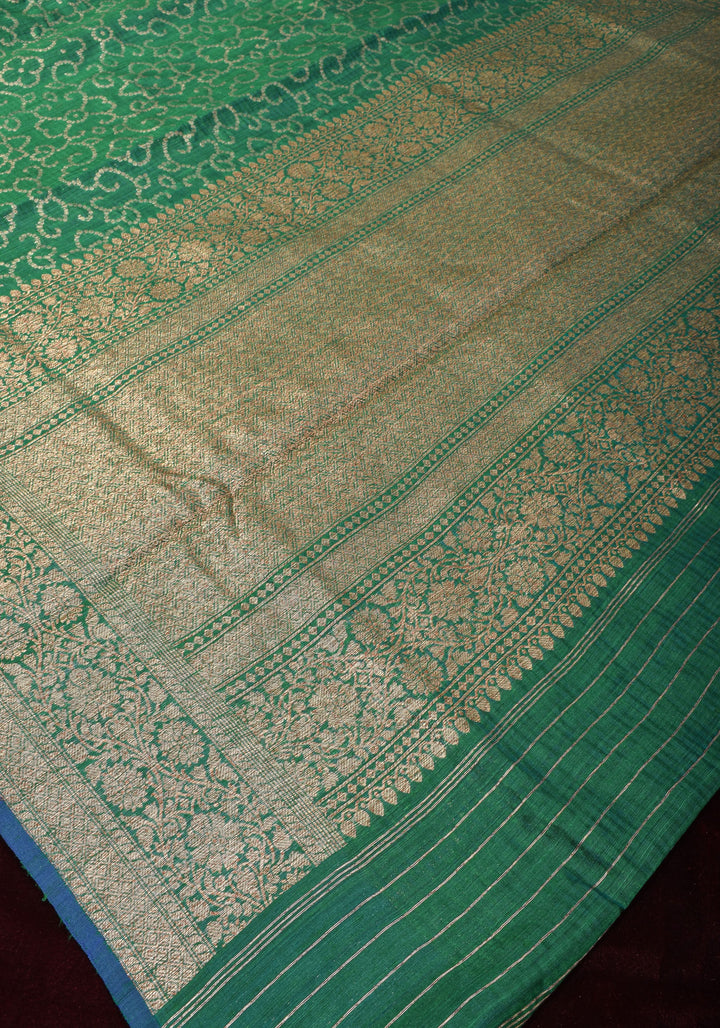 Authentic Banarasi Trellis pattern Pure Dupion Silk saree in Green with Kadhuwa Zari Border | SILK MARK CERTIFIED
