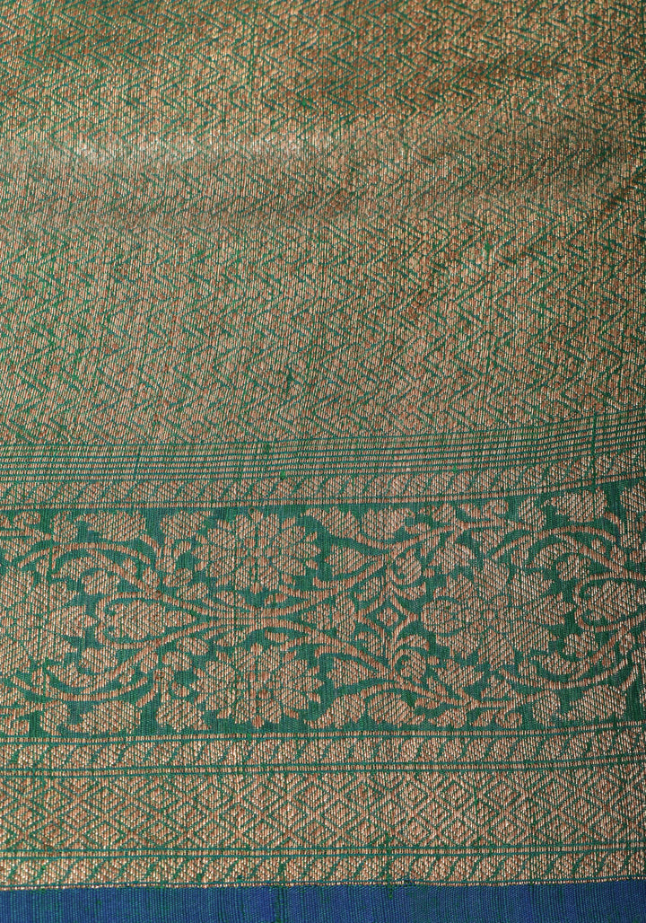 Authentic Banarasi Trellis pattern Pure Dupion Silk saree in Green with Kadhuwa Zari Border | SILK MARK CERTIFIED