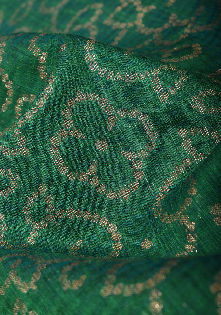 Authentic Banarasi Trellis pattern Pure Dupion Silk saree in Green with Kadhuwa Zari Border | SILK MARK CERTIFIED