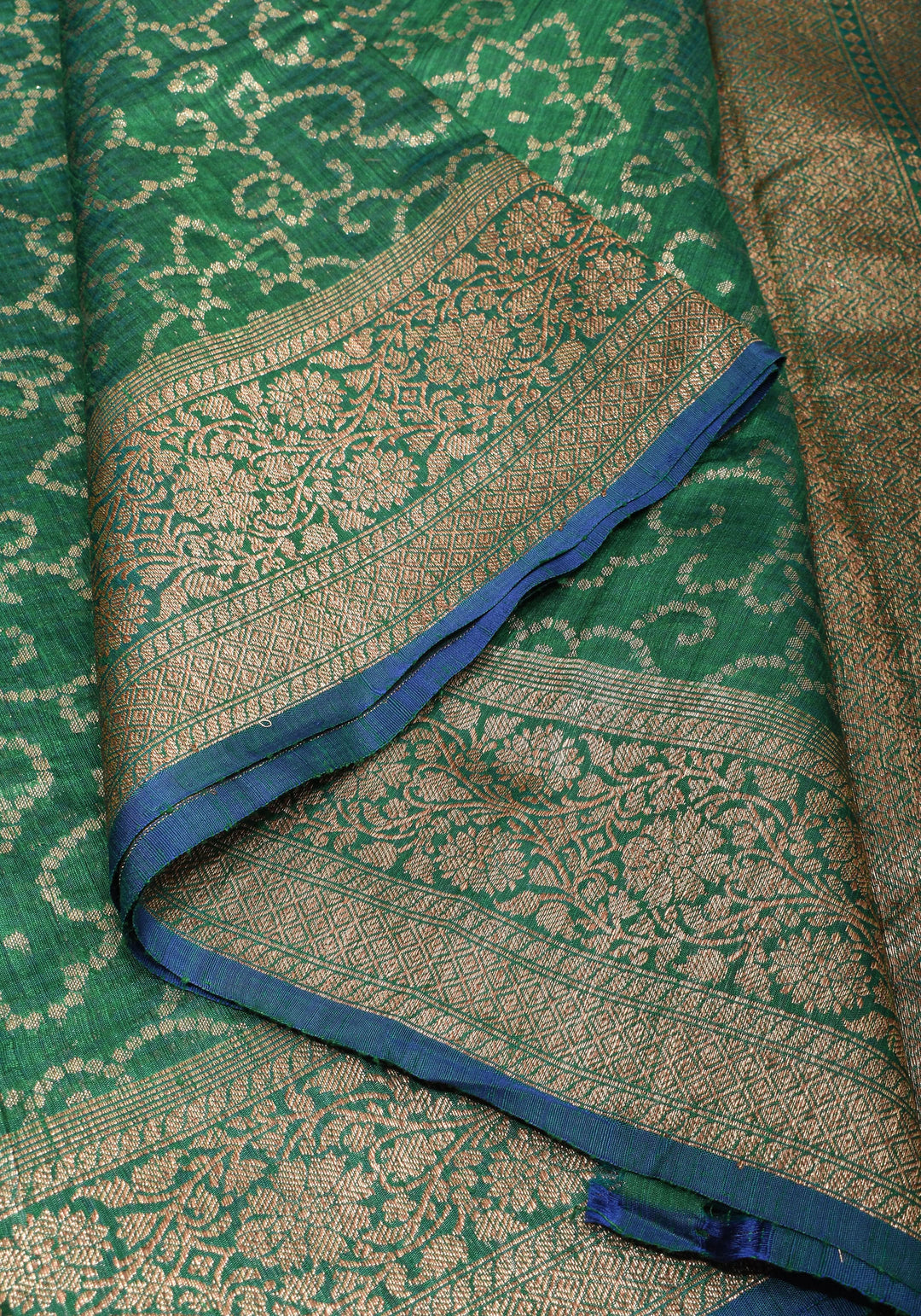 Authentic Banarasi Trellis pattern Pure Dupion Silk saree in Green with Kadhuwa Zari Border | SILK MARK CERTIFIED