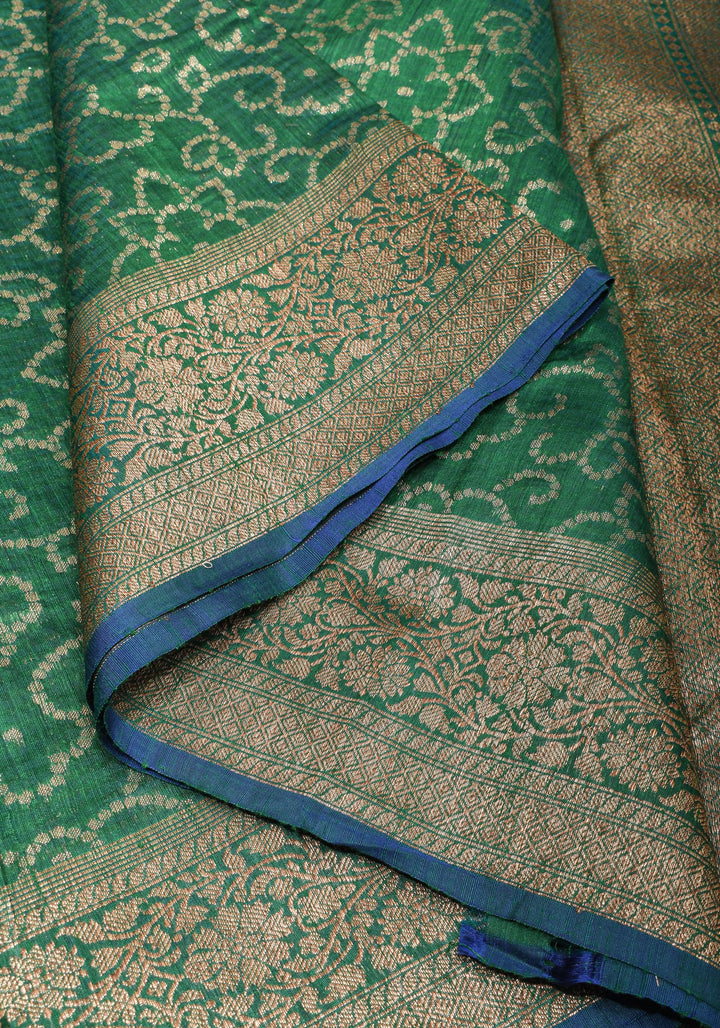 Authentic Banarasi Trellis pattern Pure Dupion Silk saree in Green with Kadhuwa Zari Border | SILK MARK CERTIFIED
