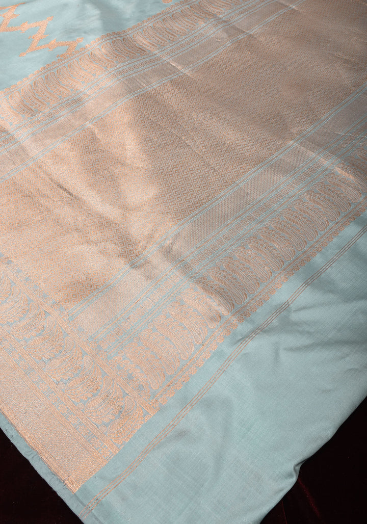 Powder Blue Half and Half  Banarasi Katan Silk Saree with Zari Butts and Chevron Pattern and Zari Border | SILK MARK CERTIFIED