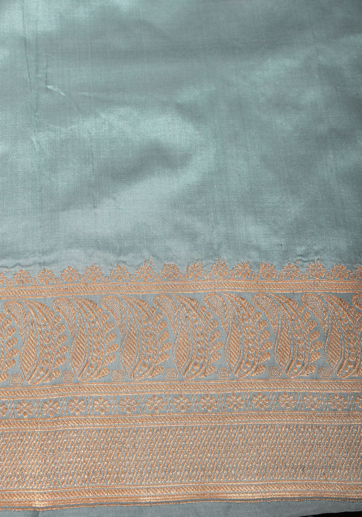 Powder Blue Half and Half  Banarasi Katan Silk Saree with Zari Butts and Chevron Pattern and Zari Border | SILK MARK CERTIFIED