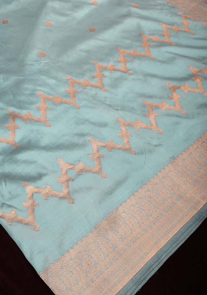 Powder Blue Half and Half  Banarasi Katan Silk Saree with Zari Butts and Chevron Pattern and Zari Border | SILK MARK CERTIFIED