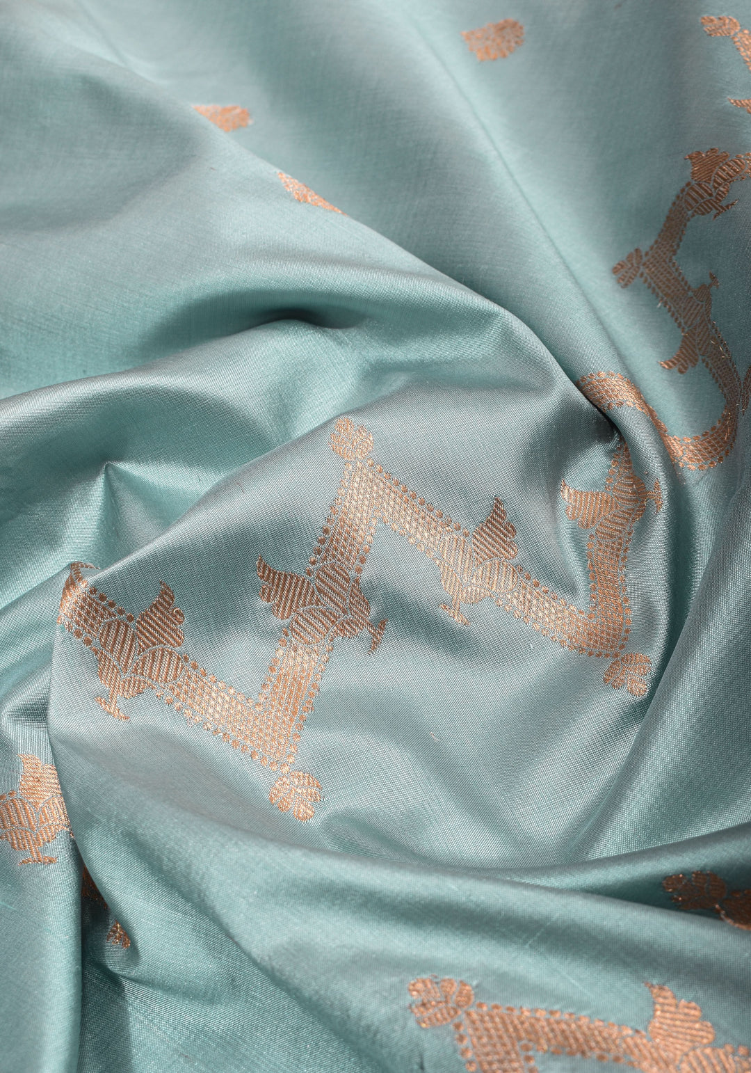 Powder Blue Half and Half  Banarasi Katan Silk Saree with Zari Butts and Chevron Pattern and Zari Border | SILK MARK CERTIFIED