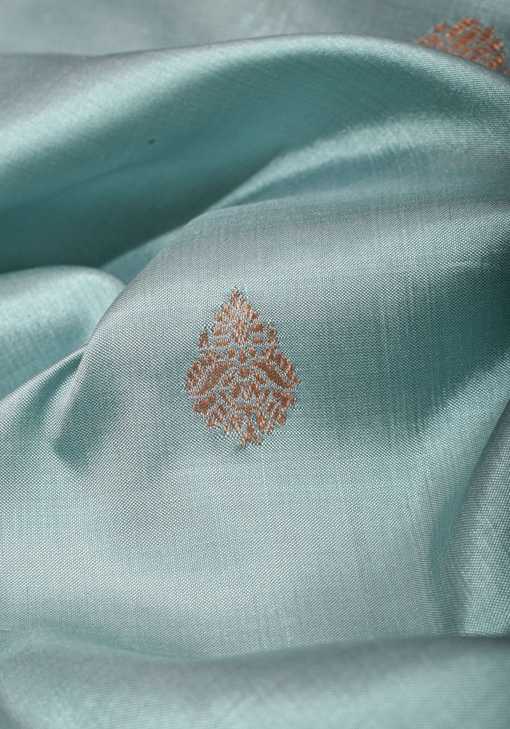 Powder Blue Half and Half  Banarasi Katan Silk Saree with Zari Butts and Chevron Pattern and Zari Border | SILK MARK CERTIFIED