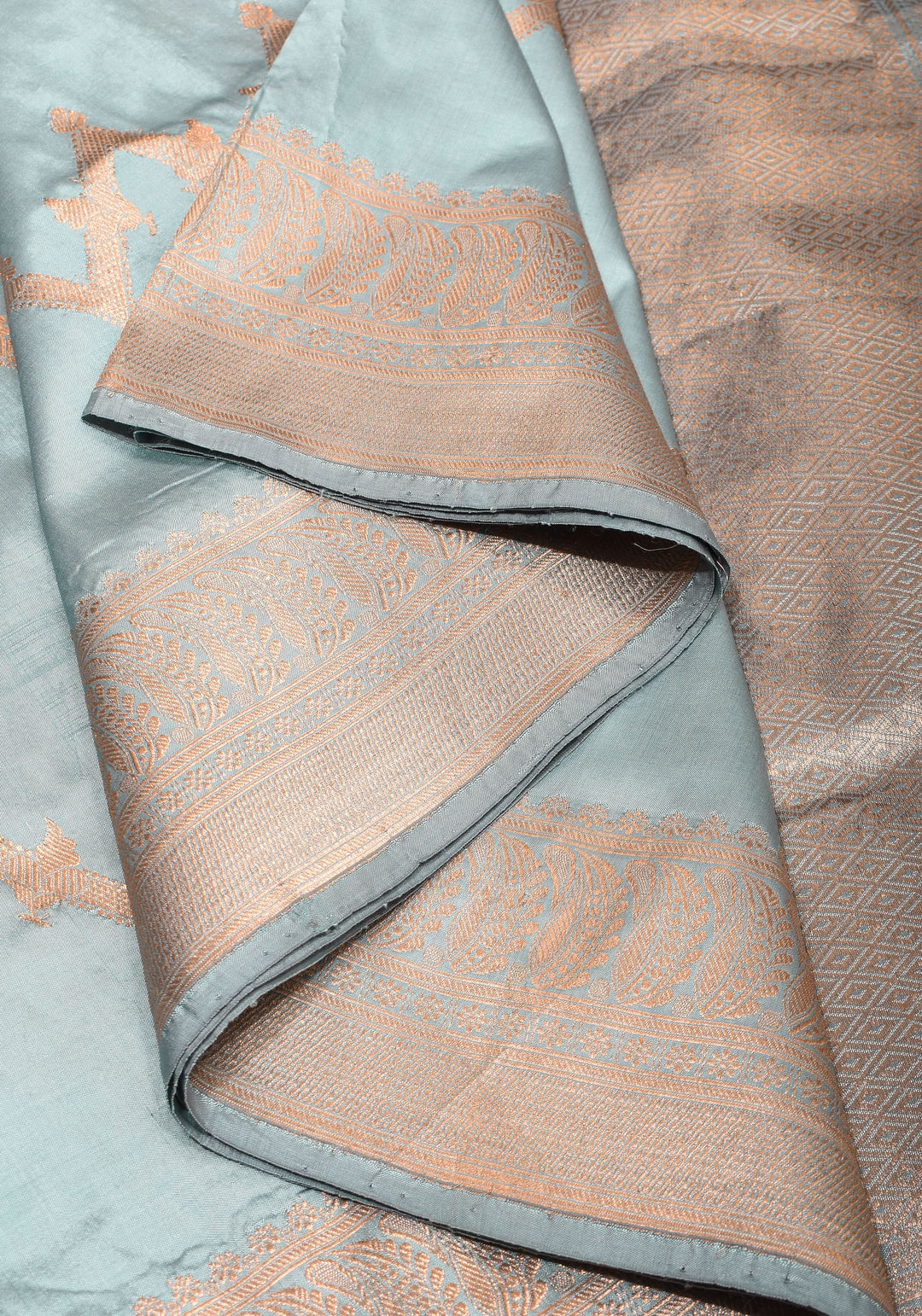 Powder Blue Half and Half  Banarasi Katan Silk Saree with Zari Butts and Chevron Pattern and Zari Border | SILK MARK CERTIFIED