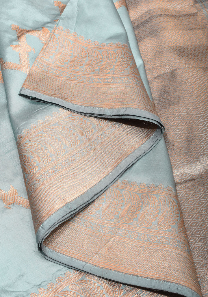 Powder Blue Half and Half  Banarasi Katan Silk Saree with Zari Butts and Chevron Pattern and Zari Border | SILK MARK CERTIFIED