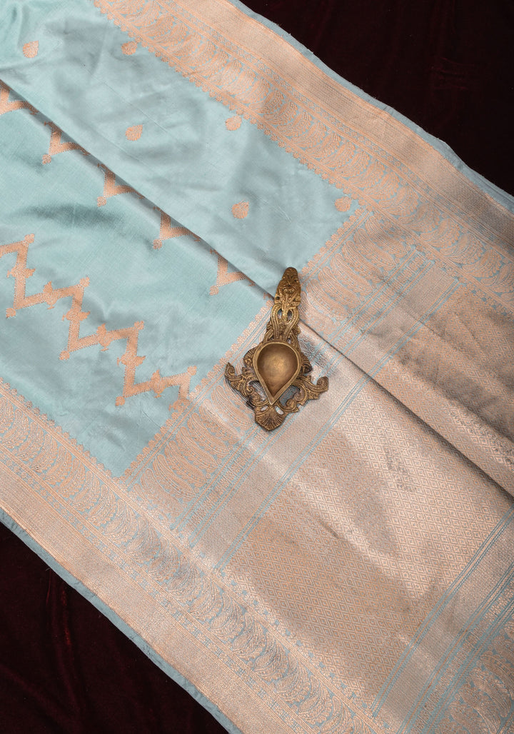 Powder Blue Half and Half  Banarasi Katan Silk Saree with Zari Butts and Chevron Pattern and Zari Border | SILK MARK CERTIFIED