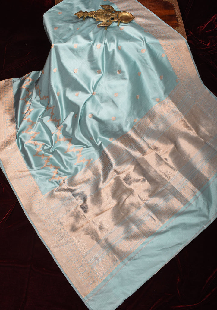 Powder Blue Half and Half  Banarasi Katan Silk Saree with Zari Butts and Chevron Pattern and Zari Border | SILK MARK CERTIFIED