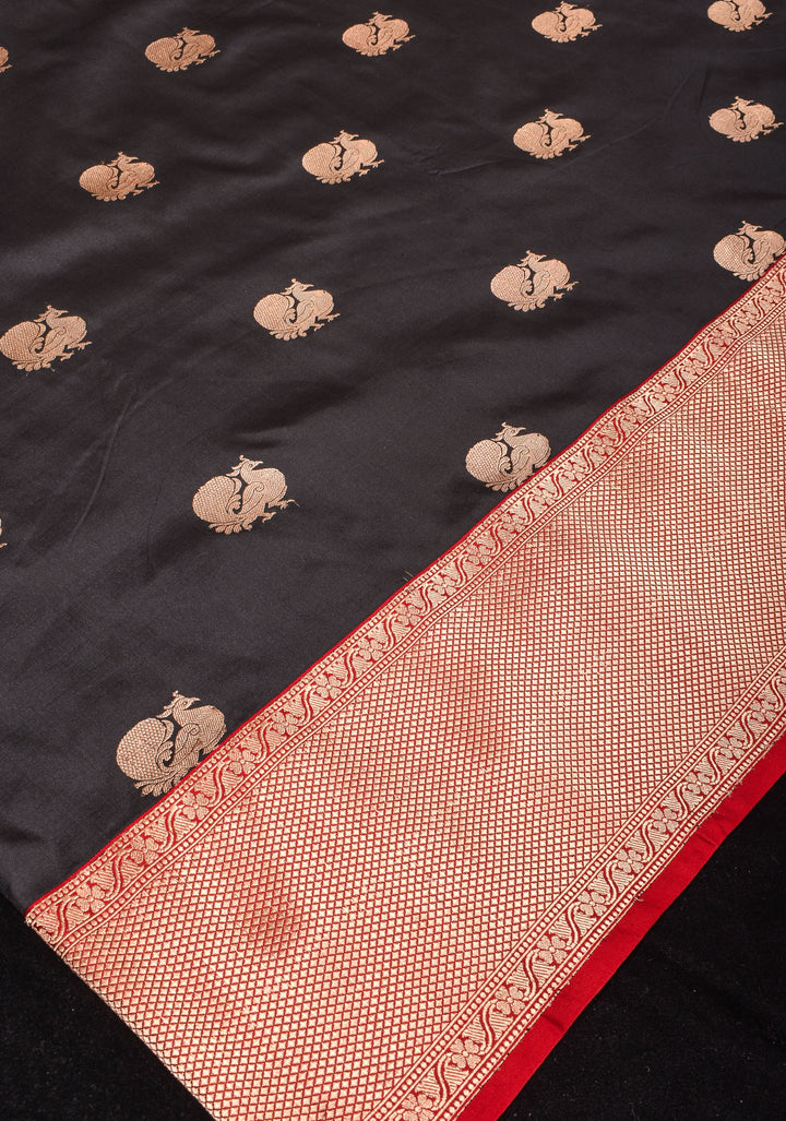 Peacock Butta Shikaargah Banarasi  Saree in Black and Red | Silk Mark Certified