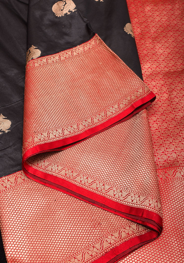 Peacock Butta Shikaargah Banarasi  Saree in Black and Red | Silk Mark Certified