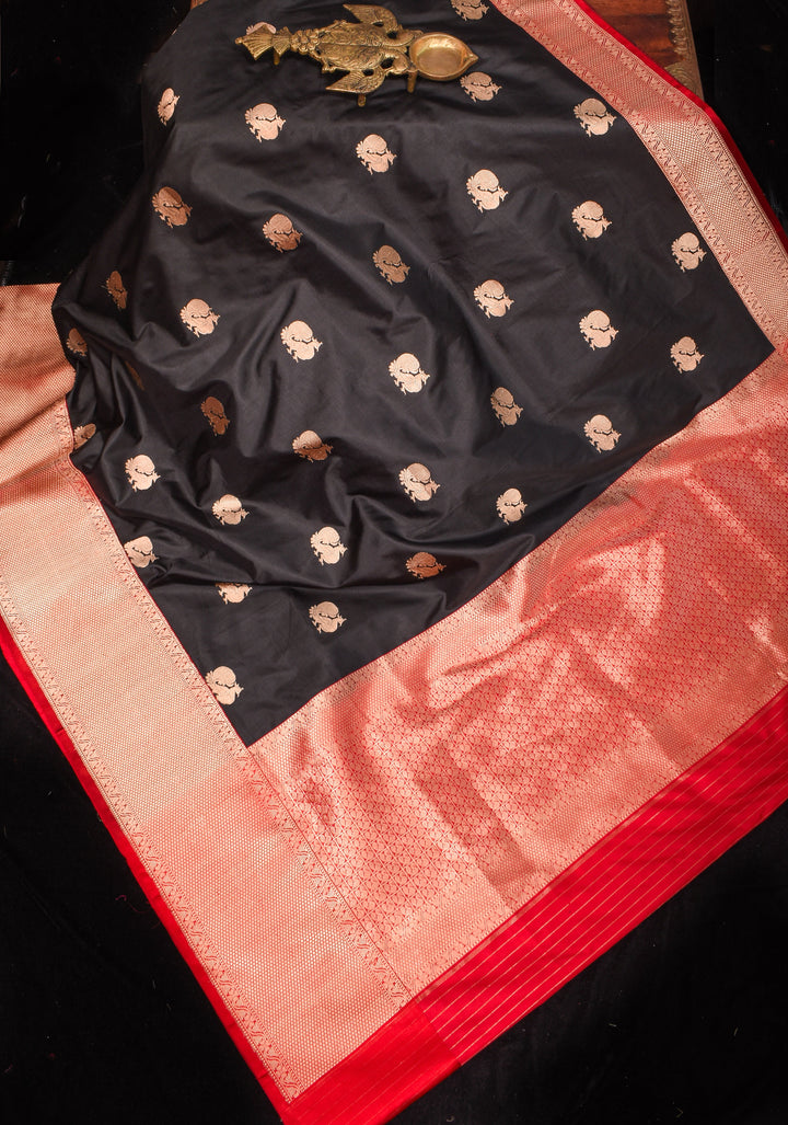 Peacock Butta Shikaargah Banarasi  Saree in Black and Red | Silk Mark Certified