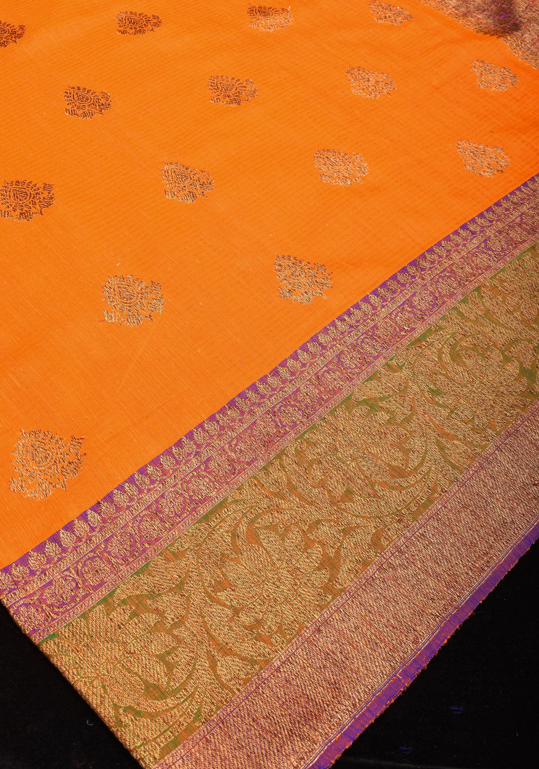 Dupion Banarasi Silk Saree in Orange  and Two Tone Border | SILK MARK CERTIFIED