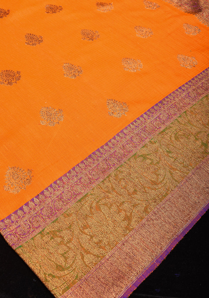 Dupion Banarasi Silk Saree in Orange  and Two Tone Border | SILK MARK CERTIFIED
