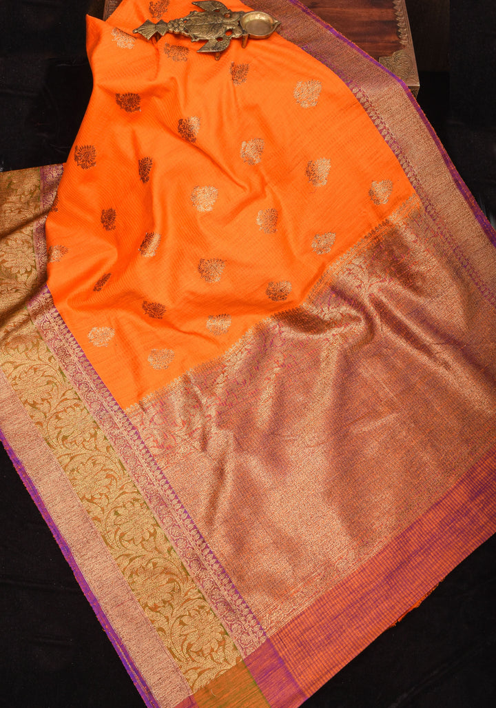 Dupion Banarasi Silk Saree in Orange  and Two Tone Border | SILK MARK CERTIFIED
