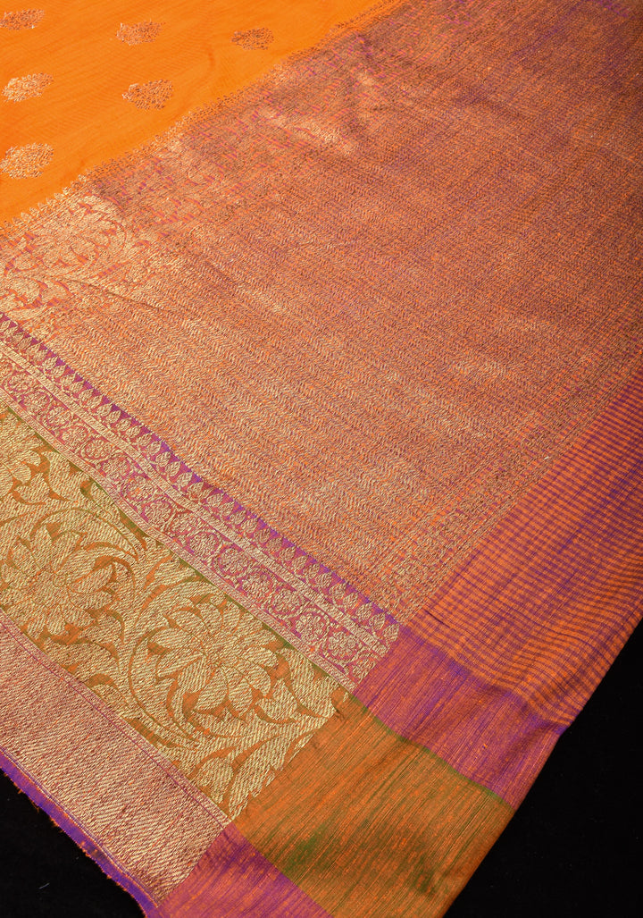 Dupion Banarasi Silk Saree in Orange  and Two Tone Border | SILK MARK CERTIFIED
