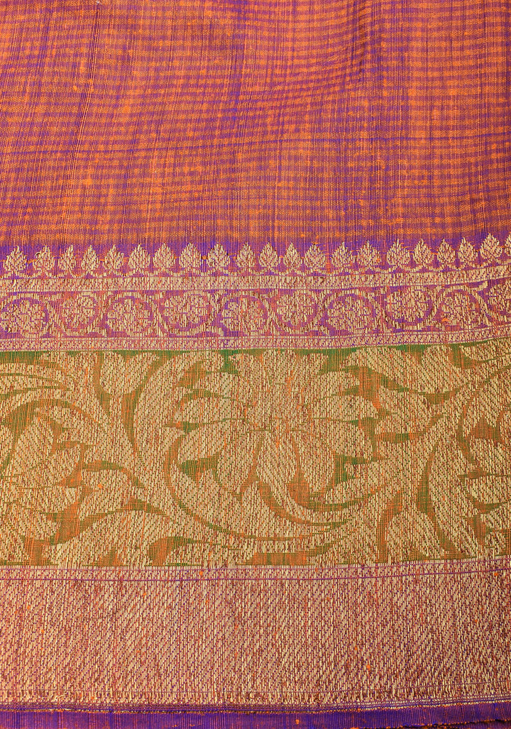 Dupion Banarasi Silk Saree in Orange  and Two Tone Border | SILK MARK CERTIFIED