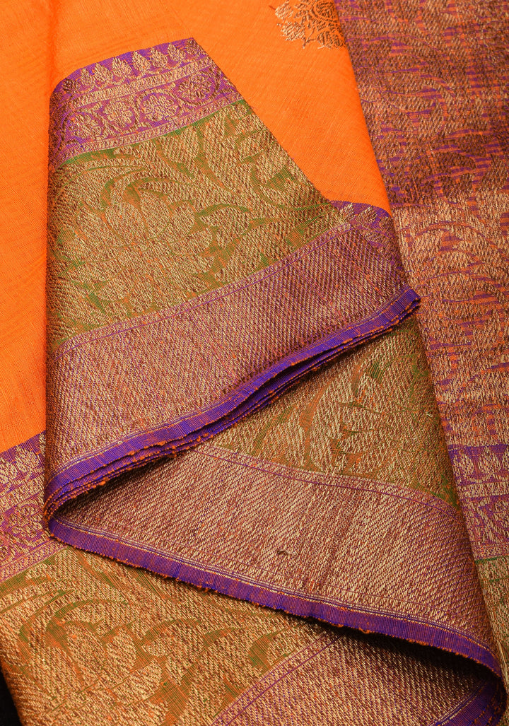 Dupion Banarasi Silk Saree in Orange  and Two Tone Border | SILK MARK CERTIFIED
