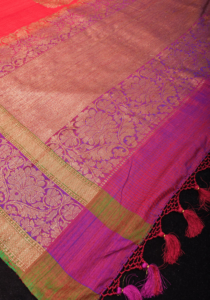 Carmine Red Dupion Banarasi Silk Saree with Two Tone Border | SILK MARK CERTIFIED