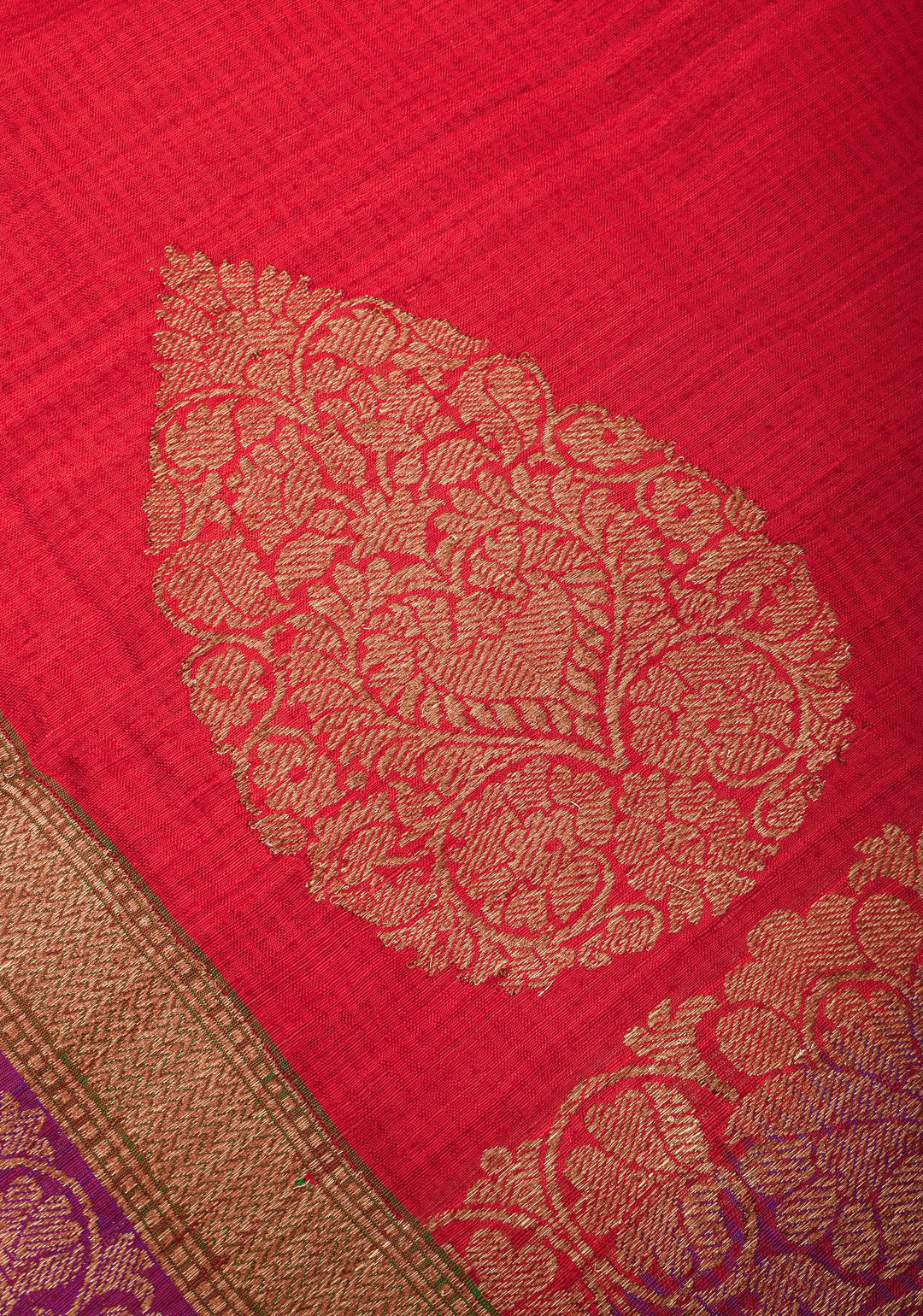 Carmine Red Dupion Banarasi Silk Saree with Two Tone Border | SILK MARK CERTIFIED